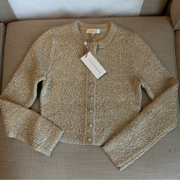 NWT LoveShackFancy Ferra Sequin Stretch Knit Cardigan Honey Gold Holiday - Picture 5 of 14